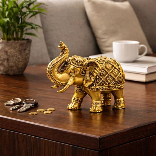 Adiguru Golden Finish Brass Elephant Idol for Table, Temple & Gifting Decorative Showpiece  -  8 cm