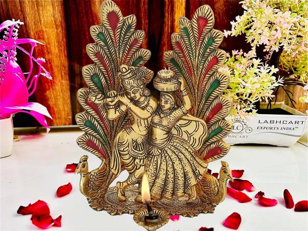 Gaurish handicraft Metal Radha Krishna Idol Statue with Diya Peacock Design Showpiece, Home Decor Decorative Showpiece  -  10 cm