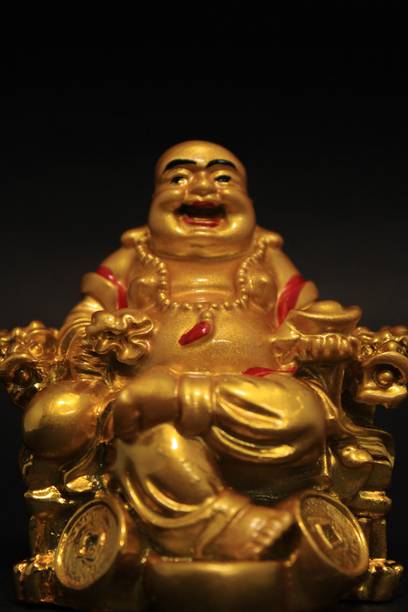Wodec PACK OF GOLDEN LAUGHING BUDDHA STATUE-KUBERAR STATUE-VASTU IDOL Decorative Showpiece - 8 cm