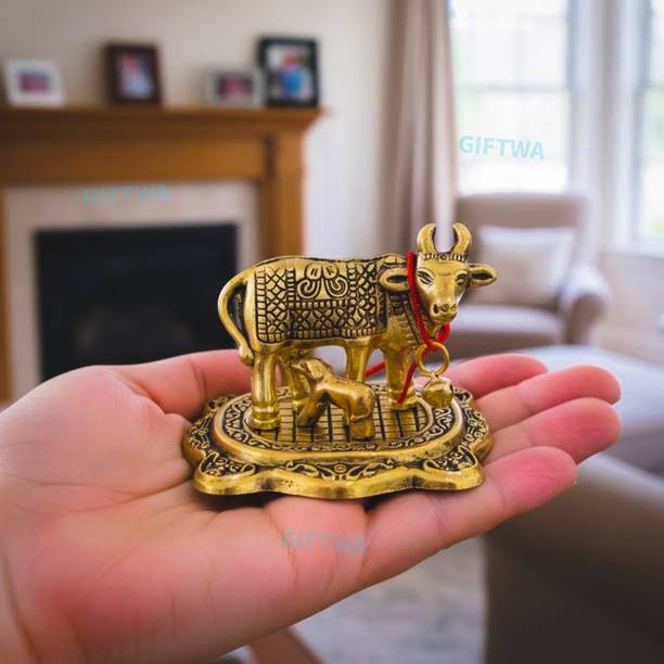 GIFTWA Kamdhenu Cow with Calf Idol – Vastu Lucky Showpiece for Car, Home & Office Decor Decorative Showpiece  -  6 cm