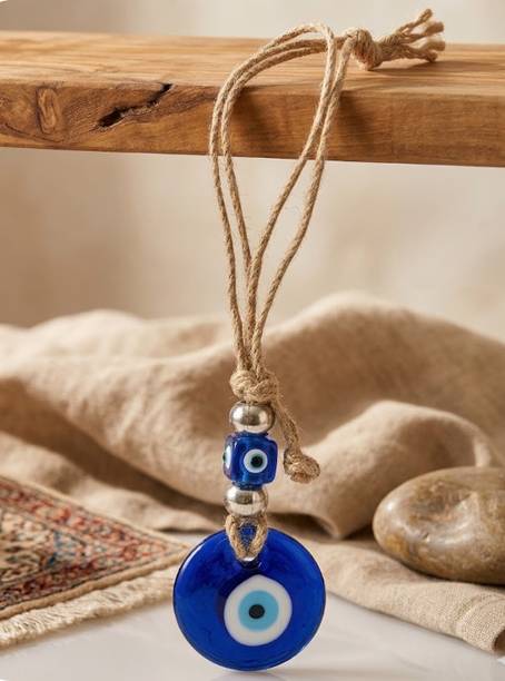 Unibuyzone Evil Eye Glass Amulet – Nazar Protection Charm with Jute Hanging Decorative Showpiece - 16 cm