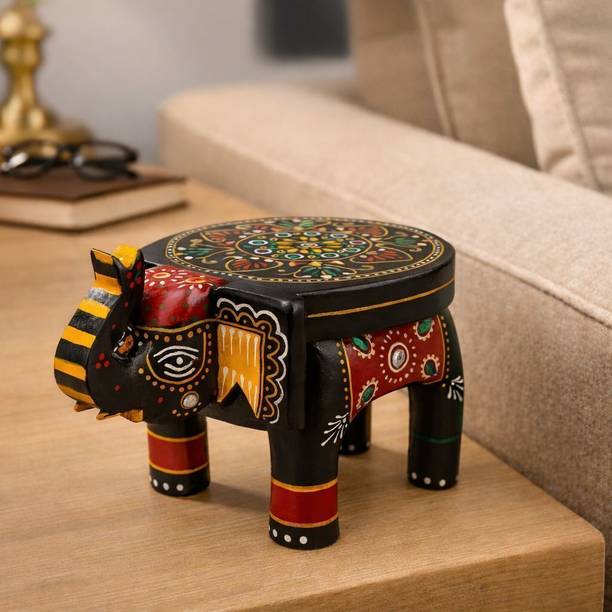 Desi Craft Decor Handcrafted Wooden Small Elephant Stool | Decorative Showpiece Side Table Decorative Showpiece  -  10 cm