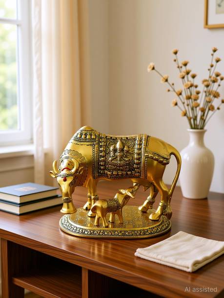 CASHWIN Metal Golden Kamdhenu Cow with Calf Statue, Cow and Calf Idol, Good Luck Decorative Showpiece - 15 cm