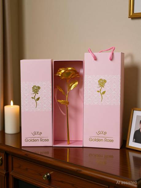 INTERNATIONAL GIFT Gold Plated Artificial Rose Flower With Box & Bag | For Valentine's Day Gift Decorative Showpiece  -  28 cm