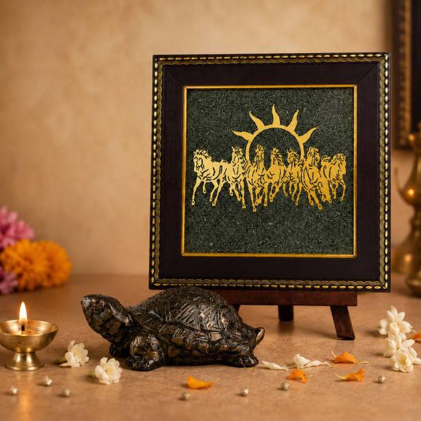 Agatesaura Arunangshu Spiritual 7 Horses Frame and Raw Pyrite Tortoise Combo Decorative Showpiece  -  7 cm