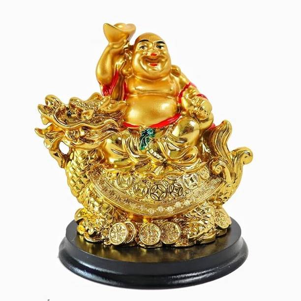 Tsl Golden Laughing Buddha Idol on Dragon | Feng Shui Wealth | House Warming Gifts Decorative Showpiece  -  12.7 cm