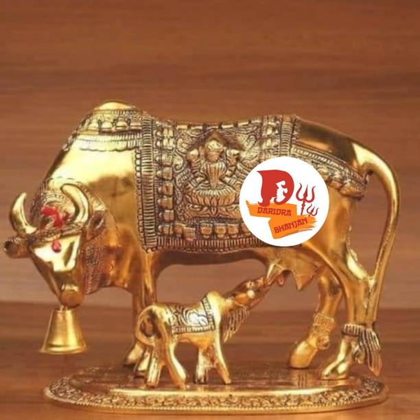 DARIDRA BHANJAN Cow statue | Cow and Calf idol | Kamdhenu Cow | Golden Cow & Calf Decorative Showpiece  -  10 cm