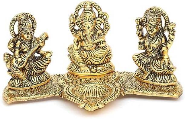 PECH Laxmi, Ganesh Ji &amp; Saraswati Idol Figurines -Golden | Diya and Agarbatti Stand Decorative Showpiece  -  7 cm