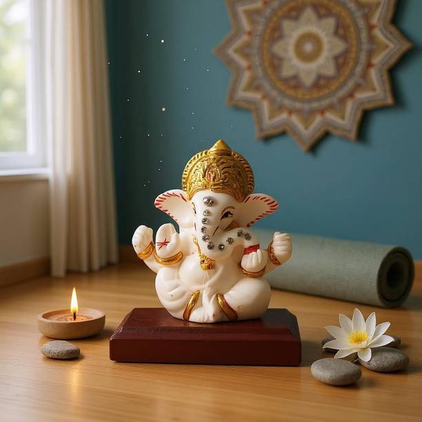 Muskan Divine Ganesh ji With Wood Base for Car Dashboard and Prayer Room or Gifting and Office Decorative Showpiece  -  9 cm