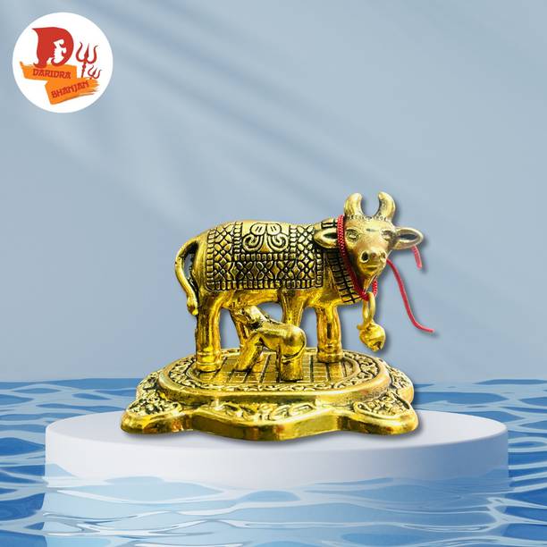 EliteTouch Metal Kamdhenu Cow with Calf Gold Finish Kamdhenu Cow Brass Decorative Showpiece  -  7 cm
