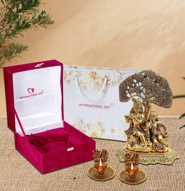 INTERNATIONAL GIFT Gold Plated Radha Krishna Idol Classic With 2 Diya | Box & Bag | For Pooja Decorative Showpiece  -  18 cm