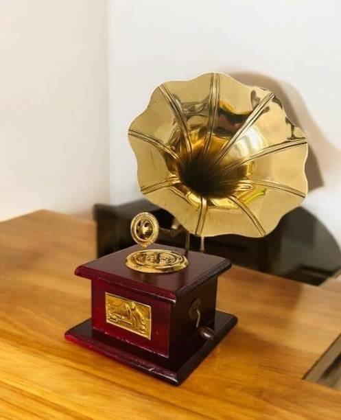 I Heart Gallery Vintage Brass & Wooden Mini Gramophone Showpiece – Antique Home Décor Decorative Showpiece  -  23 cm