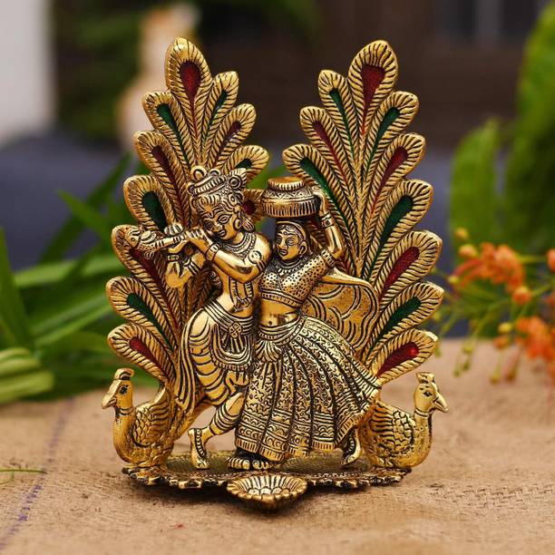 Chhariya Crafts Radha Krishna Idol Statue with Diya Peacock Design Decorative Showpiece  -  20 cm