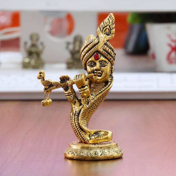 KridayKraft Pagdi Krishna with Playing Flute Idol, Gold-Toned Metal Decorative Showpiece Decorative Showpiece  -  14 cm