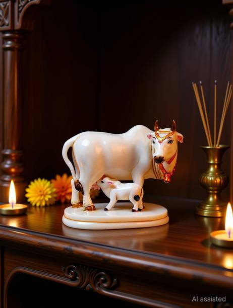 JP CRAFT cow calf in marble dust resin handmade cow Decorative Showpiece - 10.3 cm Decorative Showpiece  -  17 cm