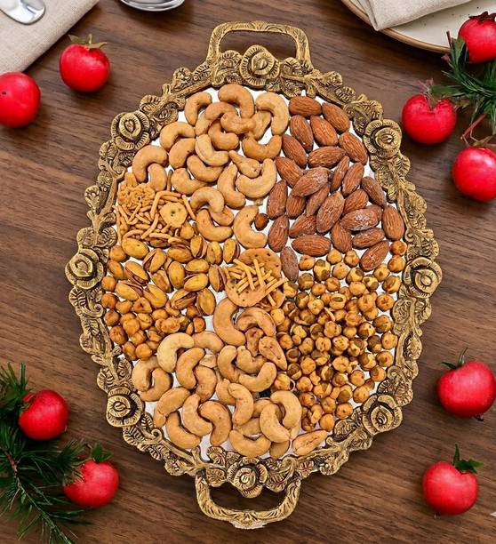 KridayKraft Hand Crafted Metal Rose Ovel Shape Tray for Home Centre Dining Table Serving Decorative Showpiece  -  3 cm