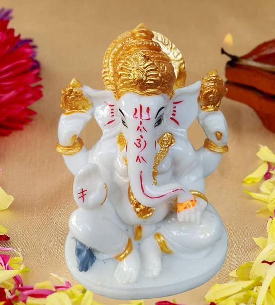 Rudram Arts Marble Finishing Ganesha Statue Ganesh Ganpati Idols for Home Office Decor Decorative Showpiece  -  12 cm