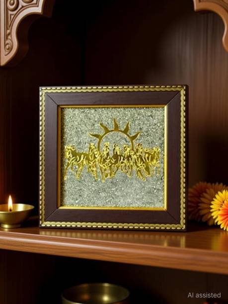 Multiagate Seven Horses on Raw Pyrite Frame with Sun (Vastu) | Original Decorative Showpiece  -  17 cm