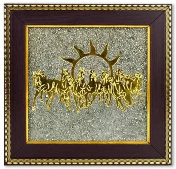 Multiagate Seven Horses on Raw Pyrite Frame with Sun (Vastu) | Original Decorative Showpiece  -  17 cm