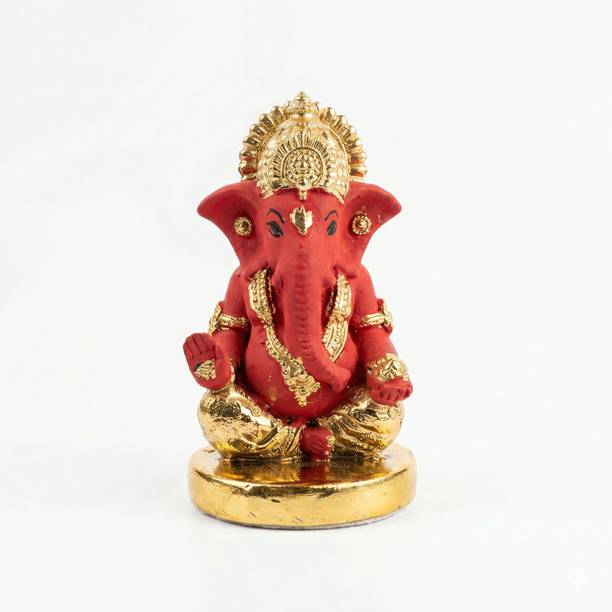 SUERCARTO Ganesh Orange Gold Idol Decorative Showpiece  -  10.2 cm