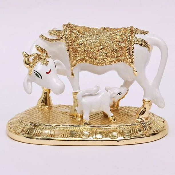 Funku Retail Enterprise Gold Plated Kamdhenu Cow with Calf 3.5 inches Statue Decorative Showpiece  -  8.5 cm