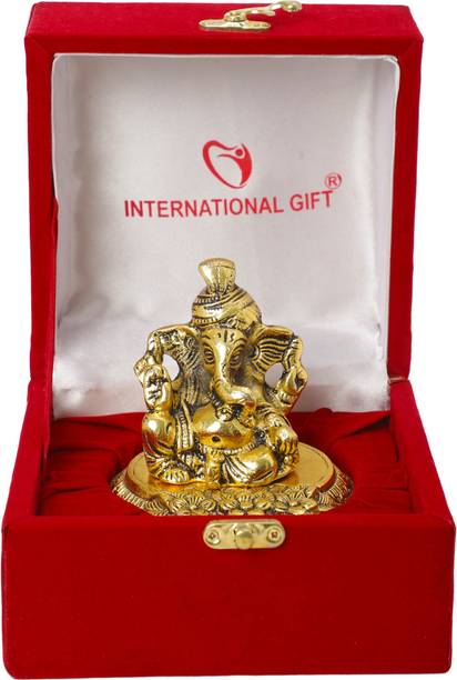 INTERNATIONAL GIFT Gold Plated Pagdi Ganesh Idol Murti With Box & Bag | For Pooja, Mandir Decorative Showpiece  -  22 cm