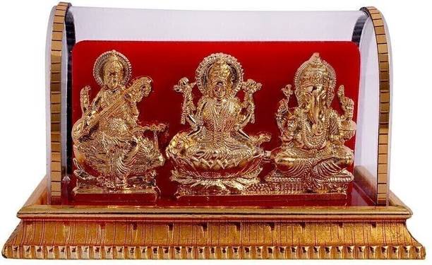 INTERNATIONAL GIFT Gold Plated Laxmi Ganesh Saraswati Idol In Acrylic Box | For Car Dashboard Decorative Showpiece  -  12 cm