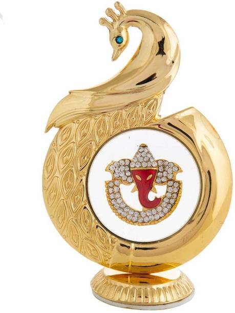 INTERNATIONAL GIFT Gold Plated Face Ganesh Idol In Peacock Shape | For Car Dashboard Decorative Showpiece  -  12 cm
