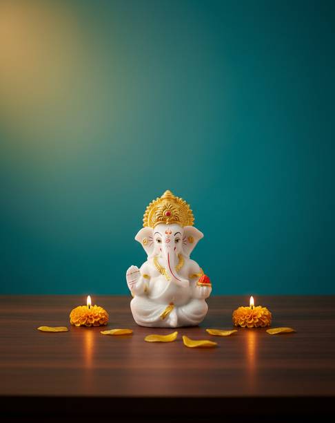 Miss Peach Divine White & gold Ganesh Ji Idol for Car, Puja, Housewarming & Festive Décor Decorative Showpiece - 9 cm