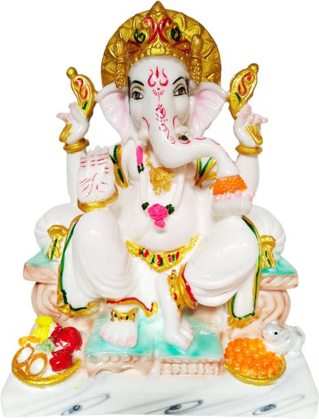 HUBZONES Marble Dust Lord Ganesha Statue Ganpati Idol White Gold Decorative Showpiece  -  28 cm