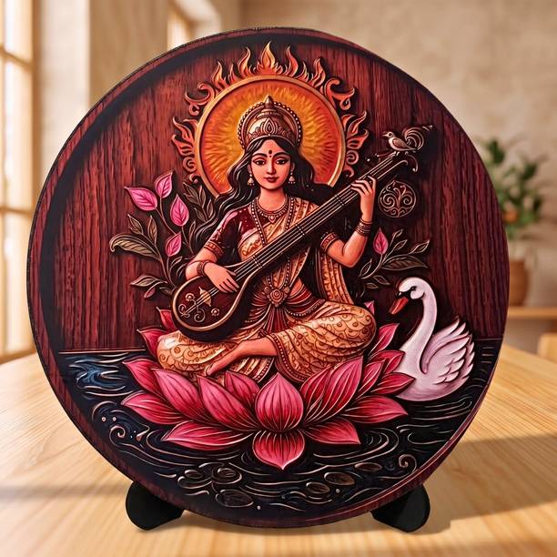 COZIOM Goddess Maa Saraswati Wooden 3D Wood Carving Design Devotional Idol with Stand Decorative Showpiece  -  12.7 cm