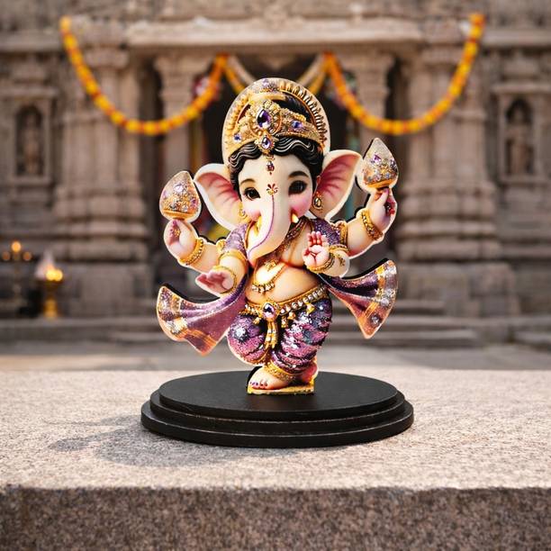 Adiguru Dancing Ganpati MDF Cutout Idol for Car Dashboard & Desk Decor Decorative Showpiece  -  10 cm