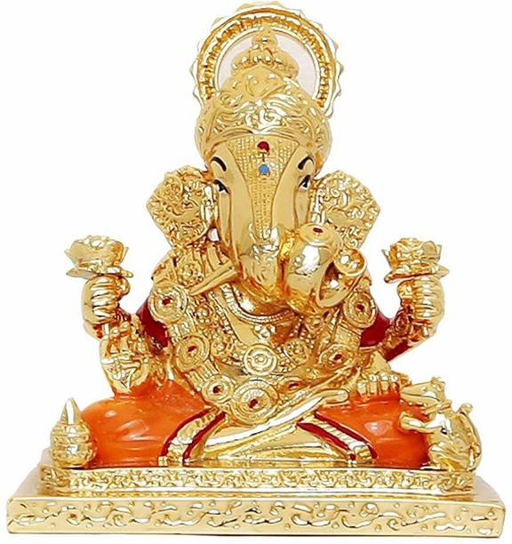 SARJAN Dagadusheth Ganesh Idols | Gold Plated Ganesh Idols | Idols for Car Dashboard | Gold Plated Idols | Ganpati Idols for Car Dashboard | Gold Plated Ganpati Idol | Ganpati Idols Decorative Showpiece - 7 cm (Ceramic, Gold) Decorative Showpiece  -  8 cm