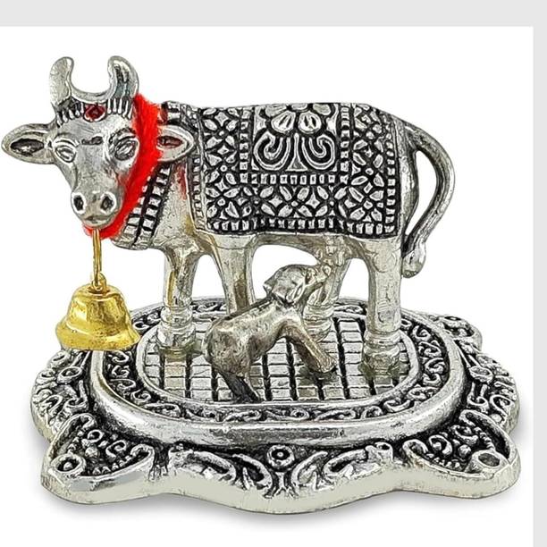 The Healing Store Kamdhenu Cow with Calf Idol, Silver Finish, Metal Figurine Decorative Showpiece  -  12 cm