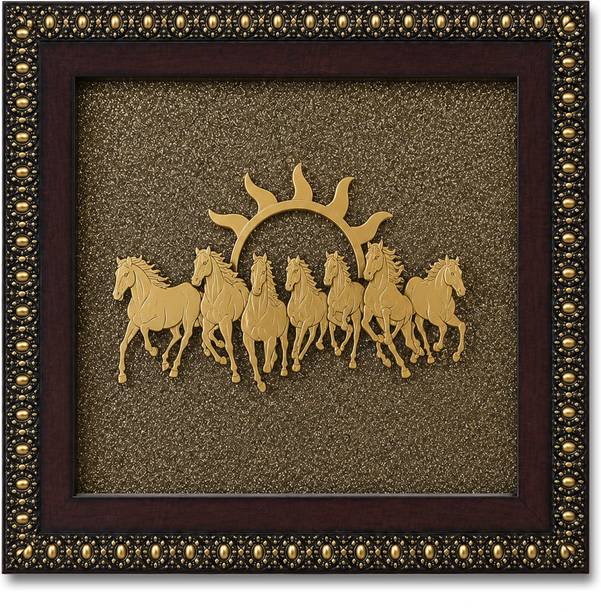 jhar art and craft 7 Running Horses with Rising Sun on Raw Natural Pyrite Dust Vastu, Feng Shui Decorative Showpiece  -  19 cm