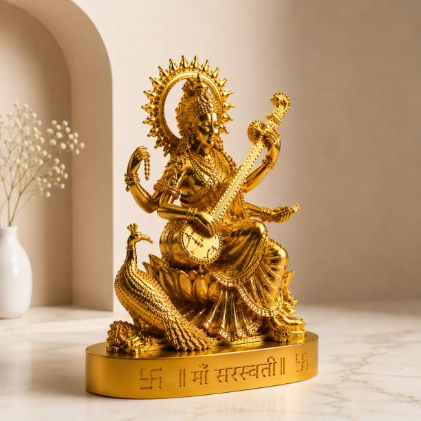 HUZUR JI TRADERS Golden Maa Saraswati Idol Statue for Home Temple Decorative Showpiece  -  10 cm