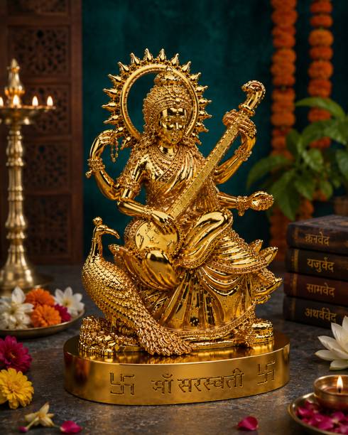 HUZUR JI TRADERS Golden Maa Saraswati Idol Statue for Home Temple Decorative Showpiece  -  10 cm