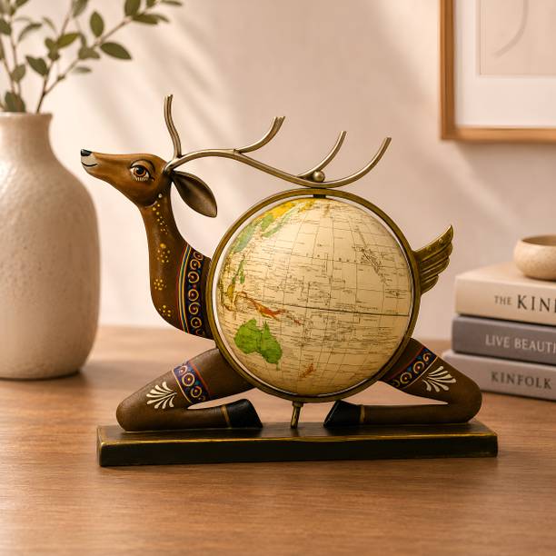 Desi Craft Decor Handcrafted Metal Deer World Map Globe Showpiece for Home, Table & Office Gift Decorative Showpiece  -  23 cm