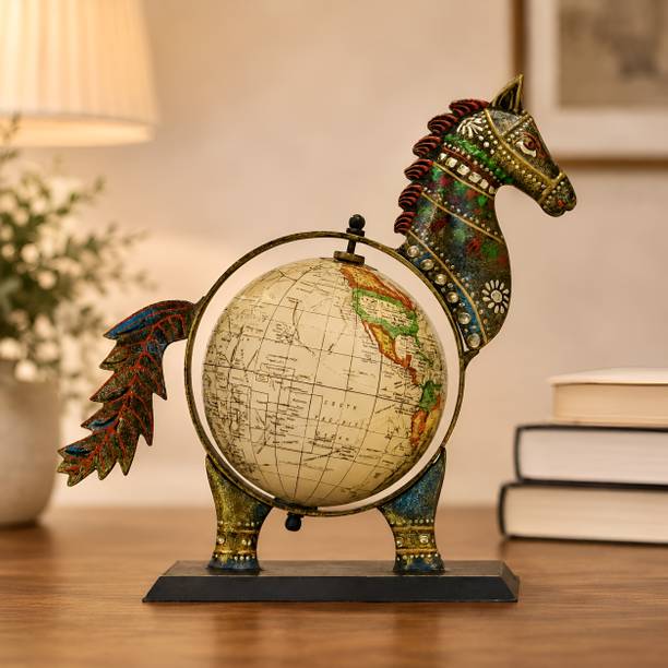 Desi Craft Decor Handcrafted Metal Horse World Globe Showpiece for Home, Table & Office Gift Decorative Showpiece - 28 cm