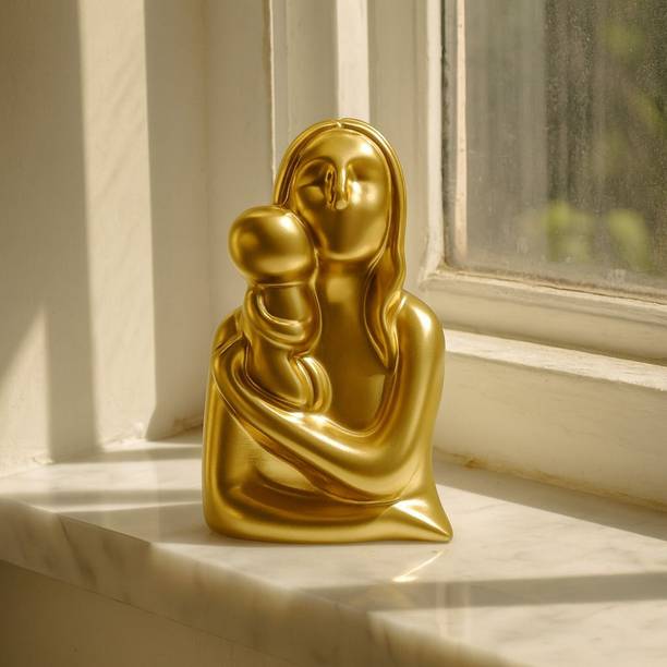 aabco Ceramic Mother and Child Figurine, Golden Sculpture Decorative Showpiece  -  10 cm