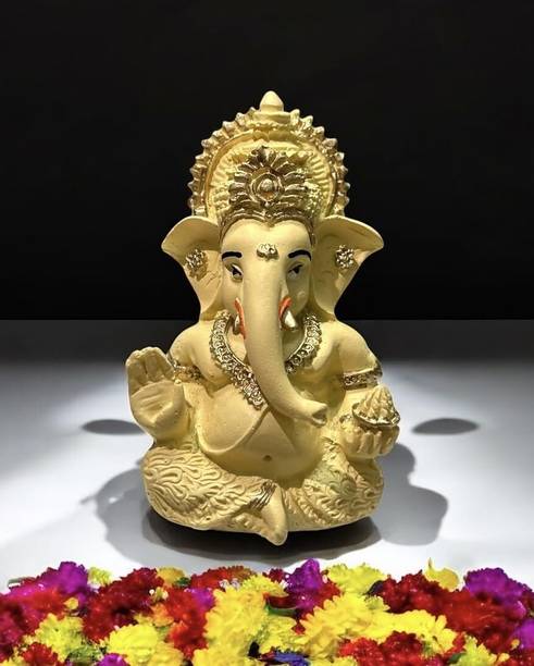 KatyaniCollection Ganesh Beige Idol Gold Plated Ganeshs for Car Dashboard Statue Decorative Showpiece  -  10 cm