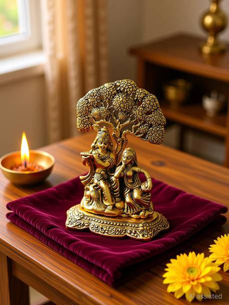Readme Lord Radha Krishna Idol Love Couple Statue/ Gift Handicraft Idol for Temple/Home Decorative Showpiece  -  8 cm