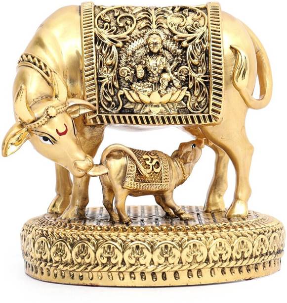 Natriel Natriel Handcrafted Kamdhenu Cow and Calf with Maha Lakshmi on Saddle Decorative Showpiece  -  10 cm