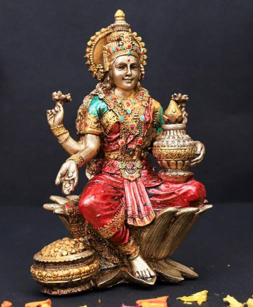 A & S VENTURES Maa Lakshmi Sitting On Lotus Polyresin Action Idol Multicoloured Decorative Showpiece  -  17 cm