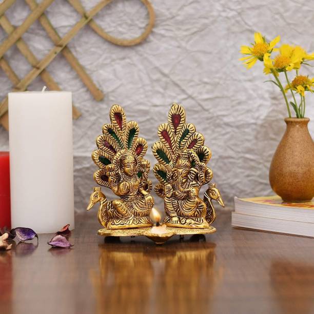 Orana International Peacock Throne Lakshmi Ganesh Idol Decorative Showpiece  -  10 cm