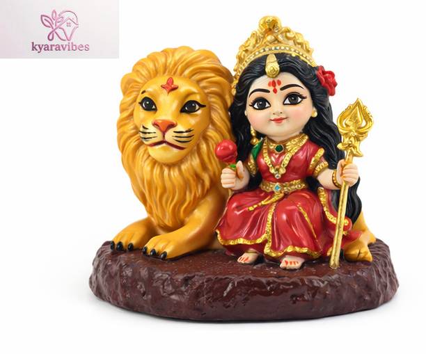 KYARAVIBES Premium Mini Maa Durga Idol with Lion for Car Dashboard | Spiritual God Statue3 Decorative Showpiece  -  7 cm