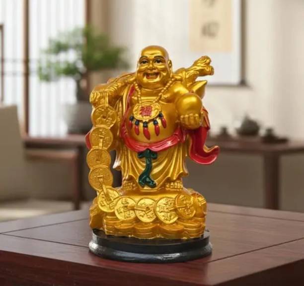 Rohit handcraft Laughing Buddha with Coins Idol Decorative Showpiece  -  16 cm