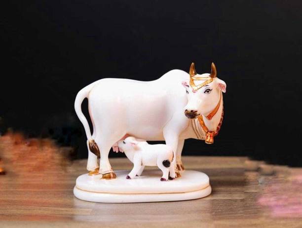 DHARVIKCRAFTHUB Calf Statue Marble Dust 9cm Holy Cow Idol Handmade Decorative Showpiece Decorative Showpiece  -  8 cm