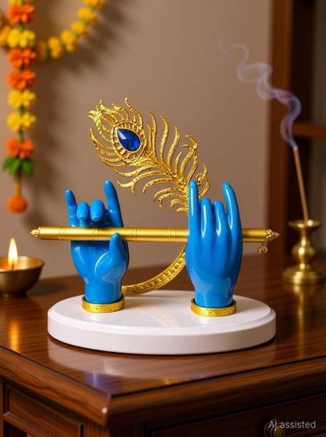 SHRI KHATUSHYAM CREATION Decorative Krishna Flute Holder BansuriBlue Hands with Gold Peacock Decorative Showpiece  -  18 cm