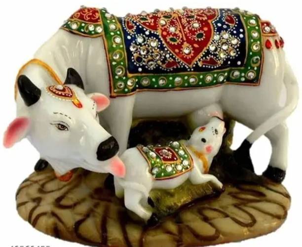 ANTIQ WORLD Decorative Marble Cow and Calf Statue I Good Luck Gift Items Decorative Showpiece  -  12.7 cm